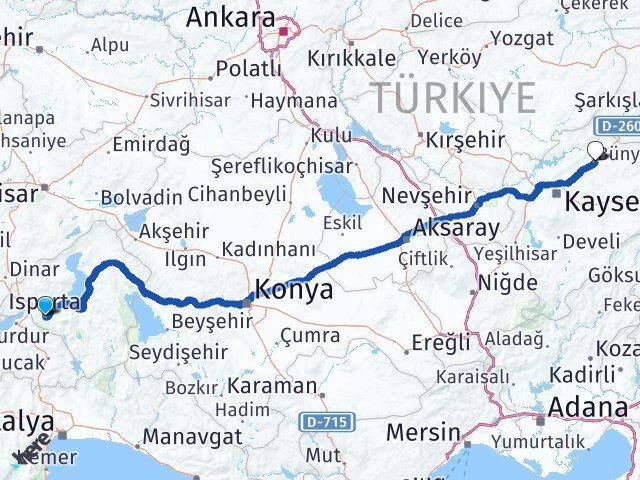 Isparta Bünyan Kayseri Arası Kaç Km - Yol Haritası