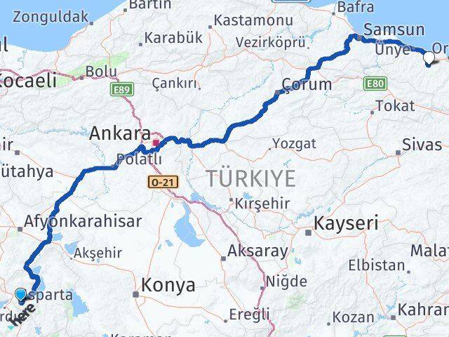 Isparta Çamaş Ordu Arası Kaç Km - Yol Haritası