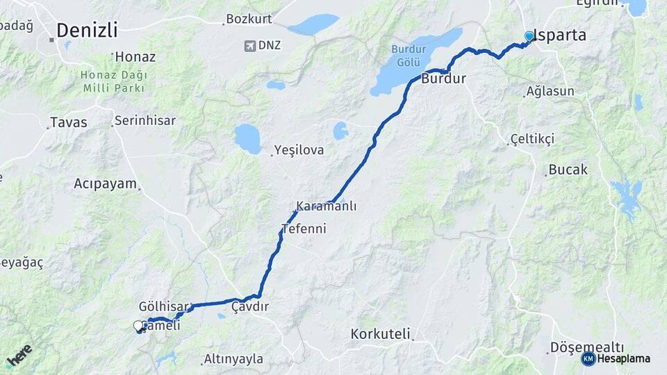 Isparta Çameli Denizli Arası Kaç Km - Yol Haritası