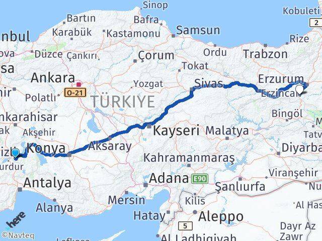 Isparta Çat Erzurum Arası Kaç Km - Yol Haritası