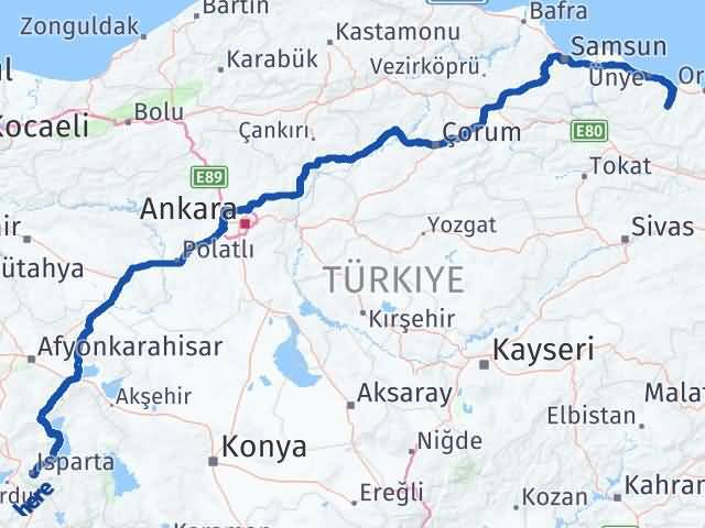 Isparta Çatalpınar Ordu Arası Kaç Km - Yol Haritası