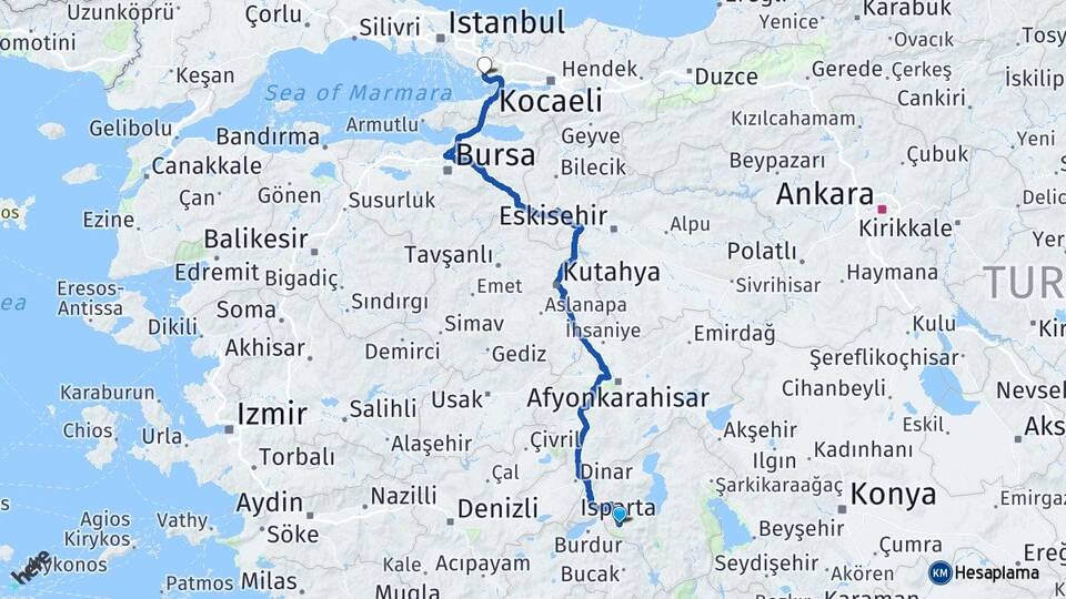 Isparta Çayırova Kocaeli Arası Kaç Km - Yol Haritası