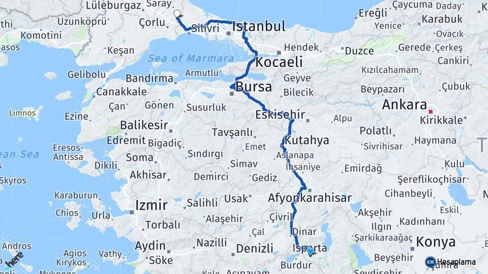 Isparta Çerkezköy Tekirdağ Arası Kaç Km - Yol Haritası