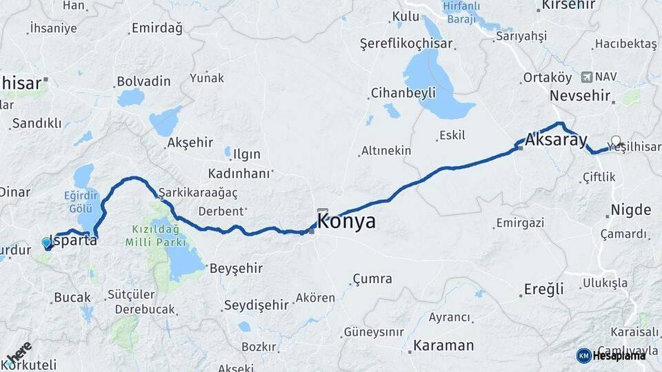 Isparta Derinkuyu Nevşehir Arası Kaç Km - Yol Haritası