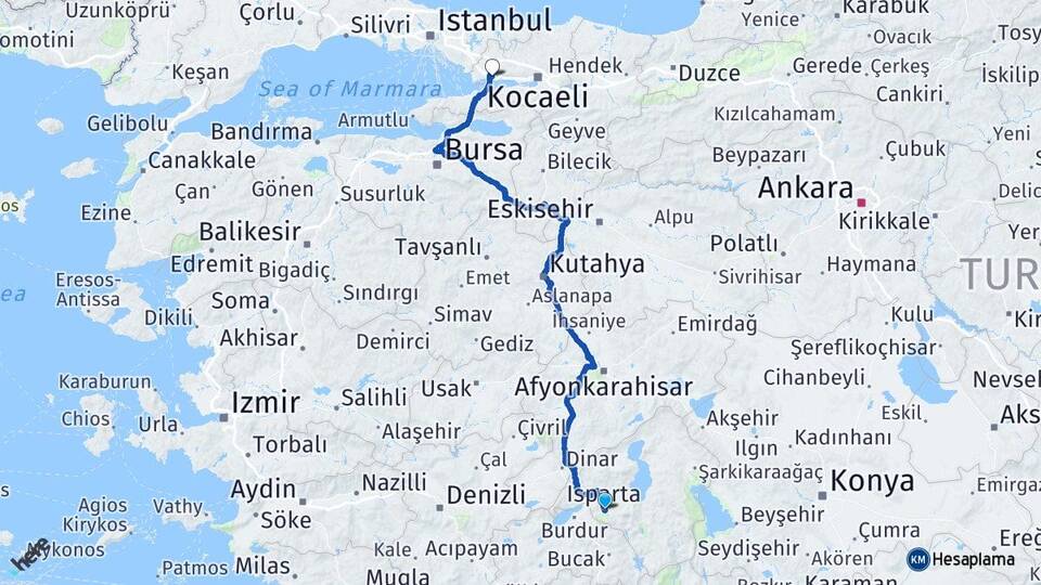Isparta Dilovası Kocaeli Arası Kaç Km - Yol Haritası