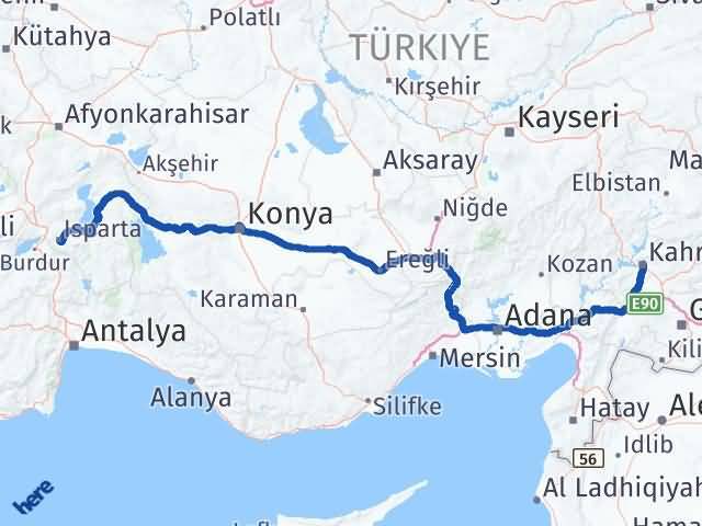 Isparta Dulkadiroğlu Kahramanmaraş Arası Kaç Km - Yol Haritası