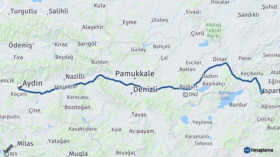 Isparta Efeler Aydın Arası Kaç Km - Yol Haritası