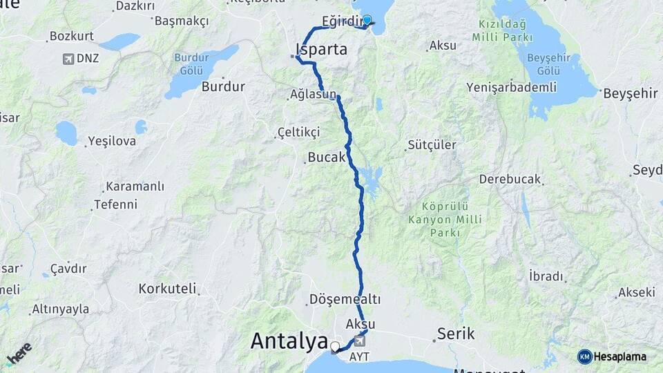 Isparta Eğirdir Antalya Arası Kaç Km - Yol Haritası