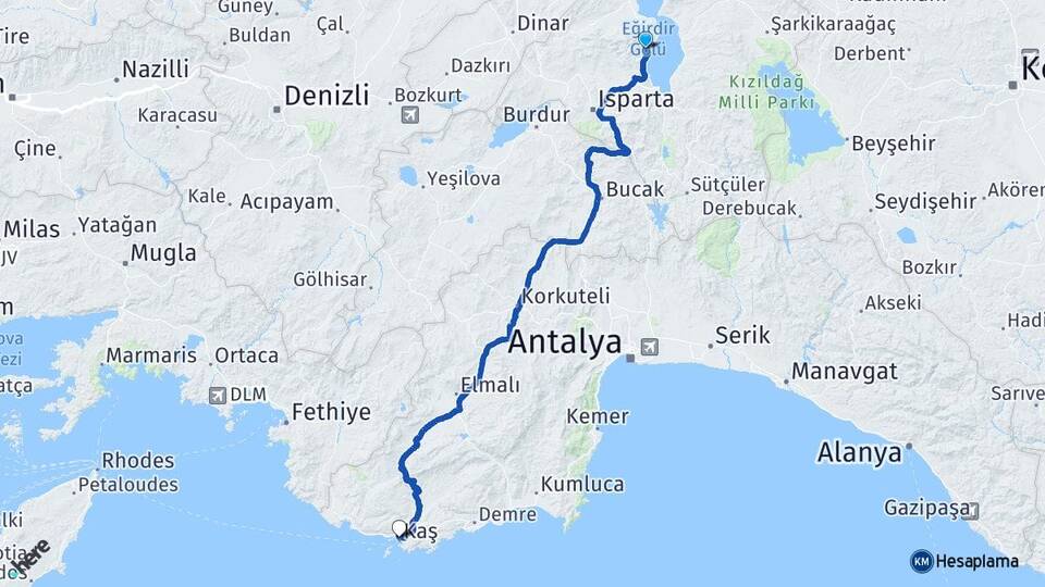 Isparta Eğirdir Barla Kaş Antalya Arası Kaç Km - Yol Haritası