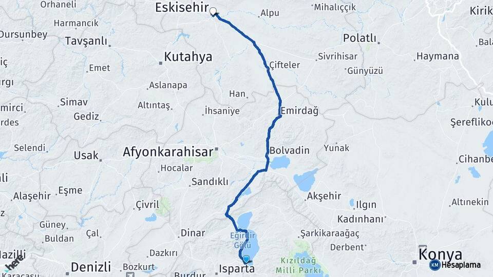Isparta Eğirdir Eskişehir Arası Kaç Km - Yol Haritası