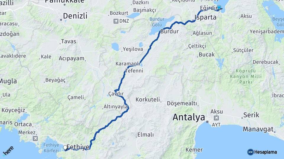 Isparta Eğirdir Fethiye Muğla Arası Kaç Km - Yol Haritası