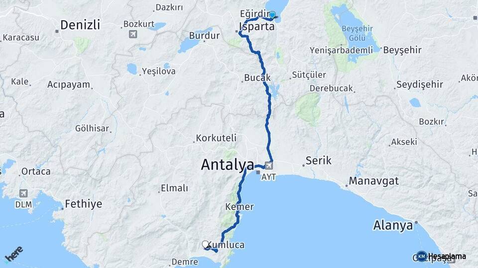 Isparta Eğirdir Kumluca Antalya Arası Kaç Km - Yol Haritası