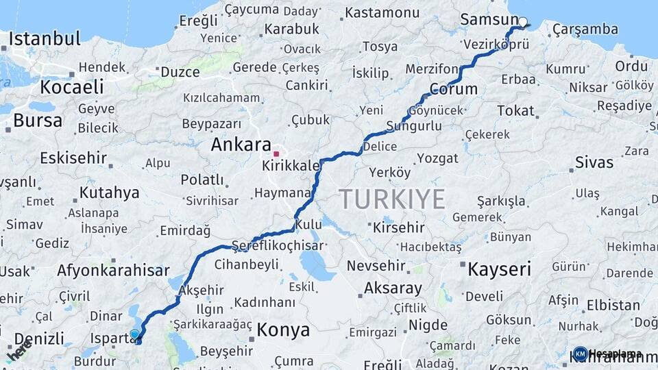 Isparta Eğirdir Samsun Arası Kaç Km - Yol Haritası
