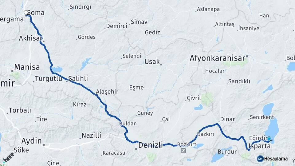 Isparta Eğirdir Soma Manisa Arası Kaç Km - Yol Haritası