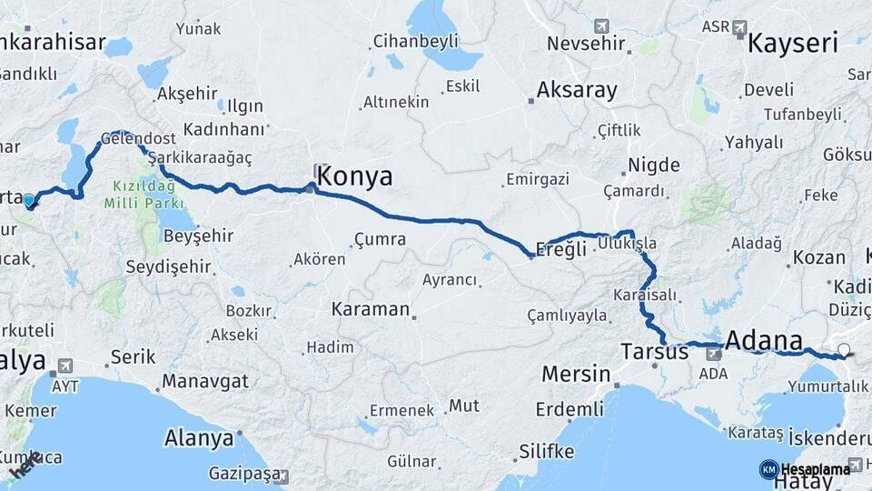 Isparta Erzin Hatay Arası Kaç Km - Yol Haritası