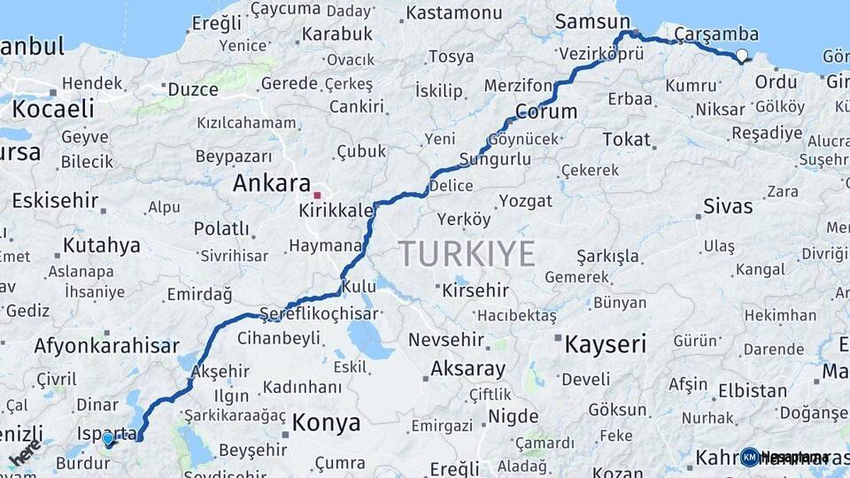 Isparta Fatsa Ordu Arası Kaç Km - Yol Haritası