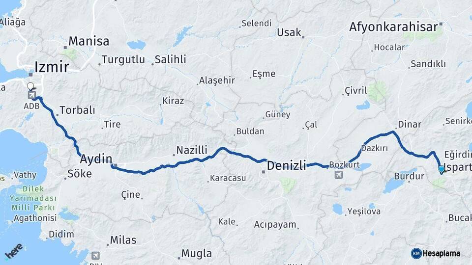 Isparta Gaziemir İzmir Arası Kaç Km - Yol Haritası