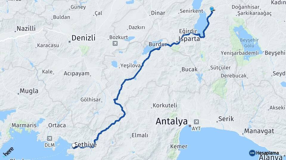 Isparta Gelendost Fethiye Muğla Arası Kaç Km - Yol Haritası