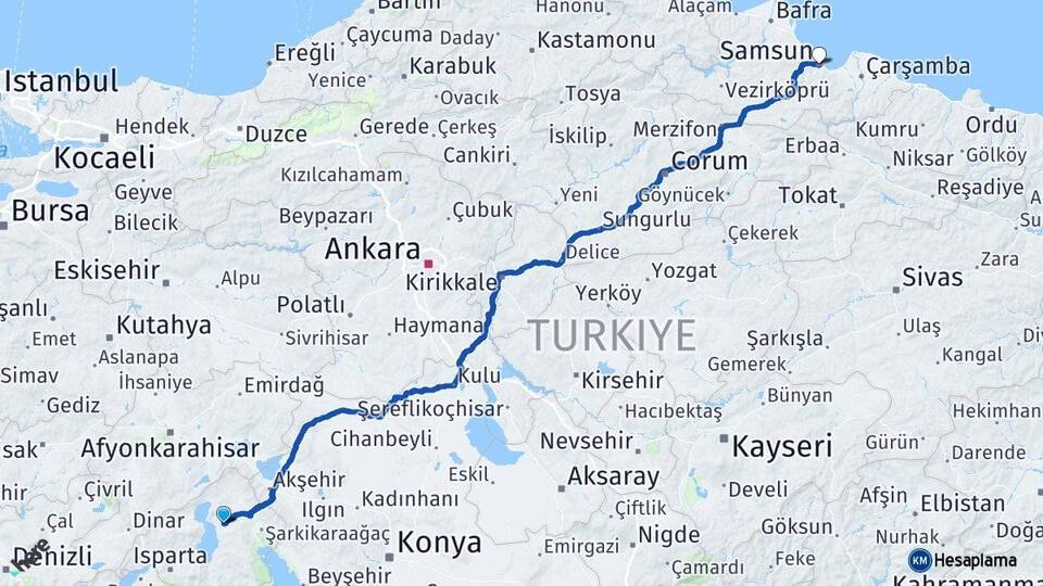 Isparta Gelendost Samsun Arası Kaç Km - Yol Haritası