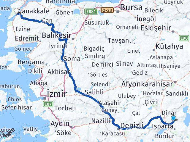 Isparta Gönen Çanakkale Arası Kaç Km - Yol Haritası