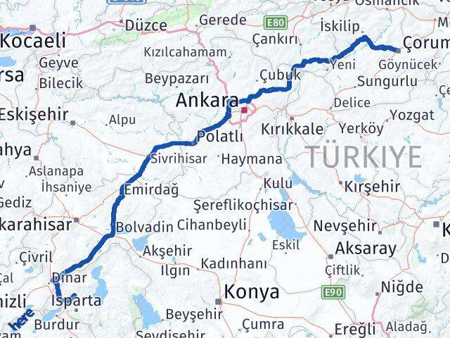 Isparta Gönen Çorum Arası Kaç Km - Yol Haritası
