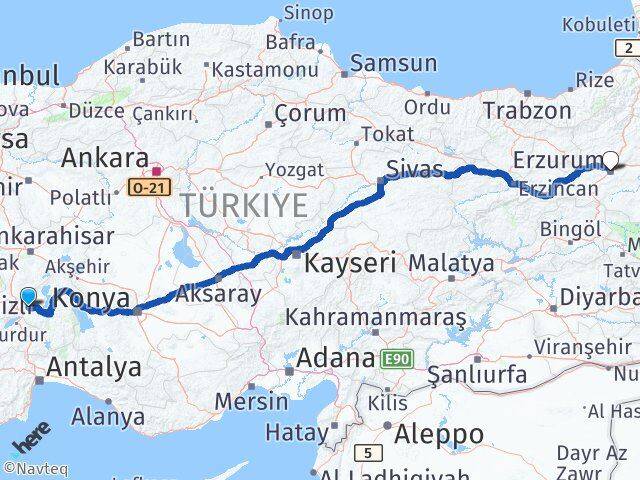 Isparta Gönen Erzurum Arası Kaç Km - Yol Haritası