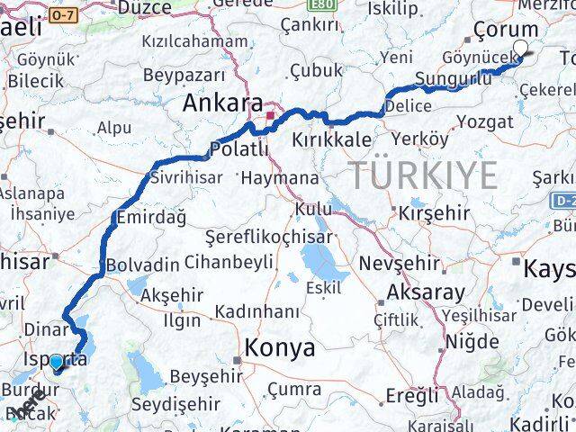 Isparta Göynücek Amasya Arası Kaç Km - Yol Haritası