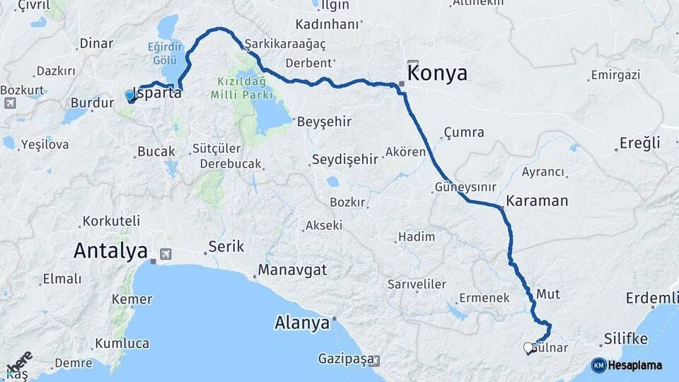 Isparta Gülnar Mersin Arası Kaç Km - Yol Haritası