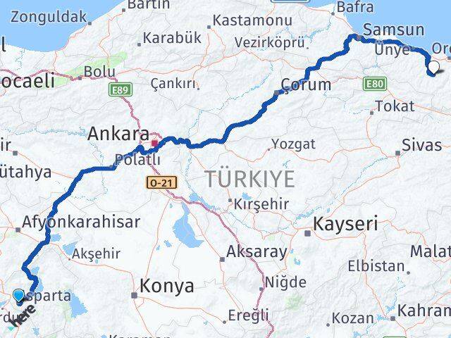 Isparta Gürgentepe Ordu Arası Kaç Km - Yol Haritası