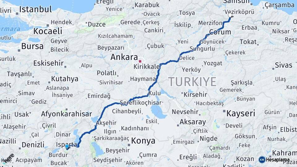 Isparta Havza Samsun Arası Kaç Km - Yol Haritası