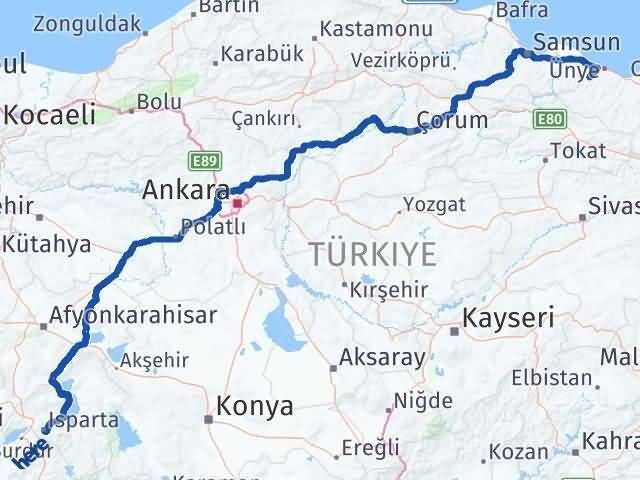 Isparta İkizce Ordu Arası Kaç Km - Yol Haritası