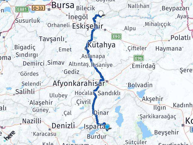 Isparta İnhisar Bilecik Arası Kaç Km - Yol Haritası