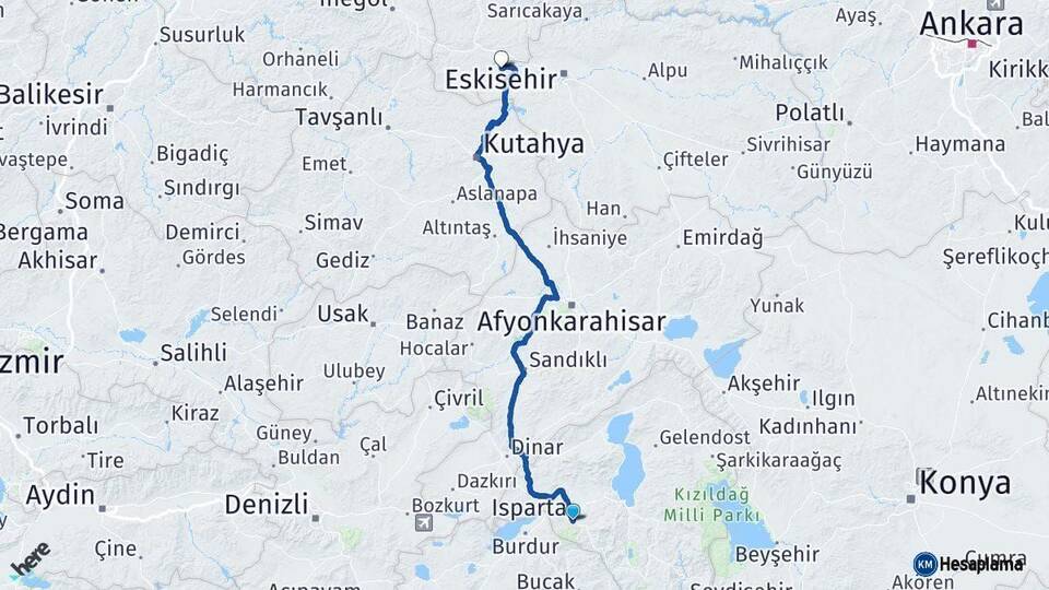 Isparta İnönü Eskişehir Arası Kaç Km - Yol Haritası