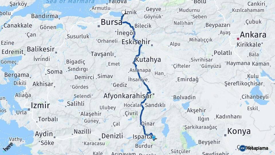 Isparta İznik Bursa Arası Kaç Km - Yol Haritası