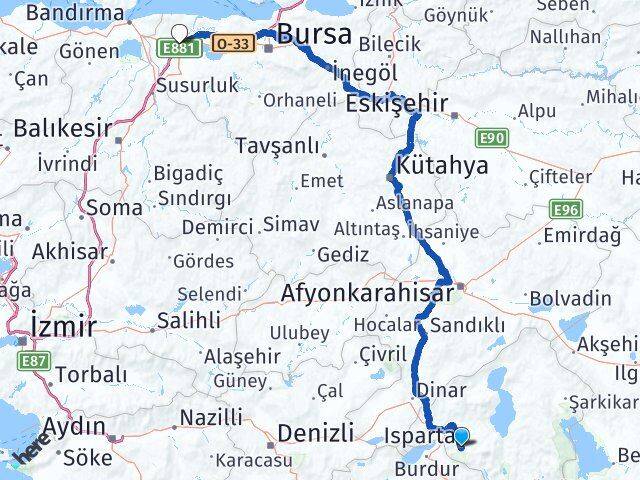 Isparta Karacabey Bursa Arası Kaç Km - Yol Haritası