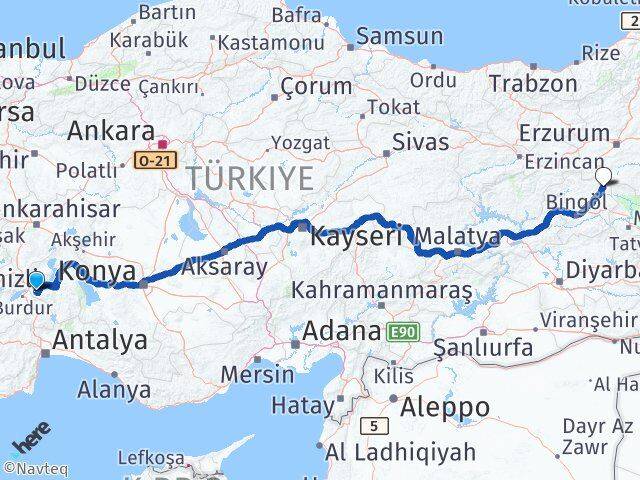 Isparta Karlıova Bingöl Arası Kaç Km - Yol Haritası