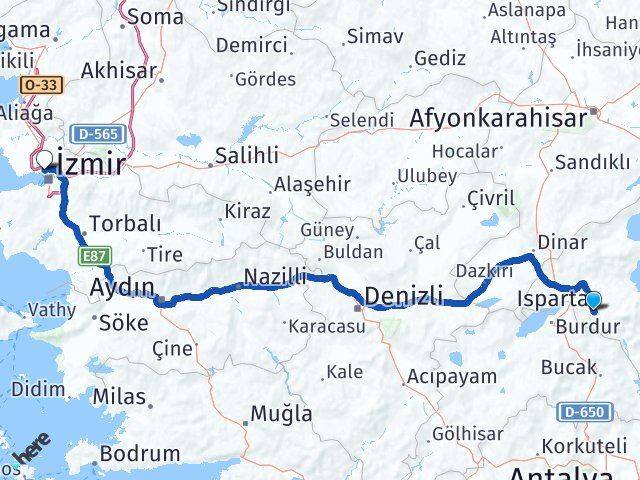Isparta Karşıyaka İzmir Arası Kaç Km - Yol Haritası