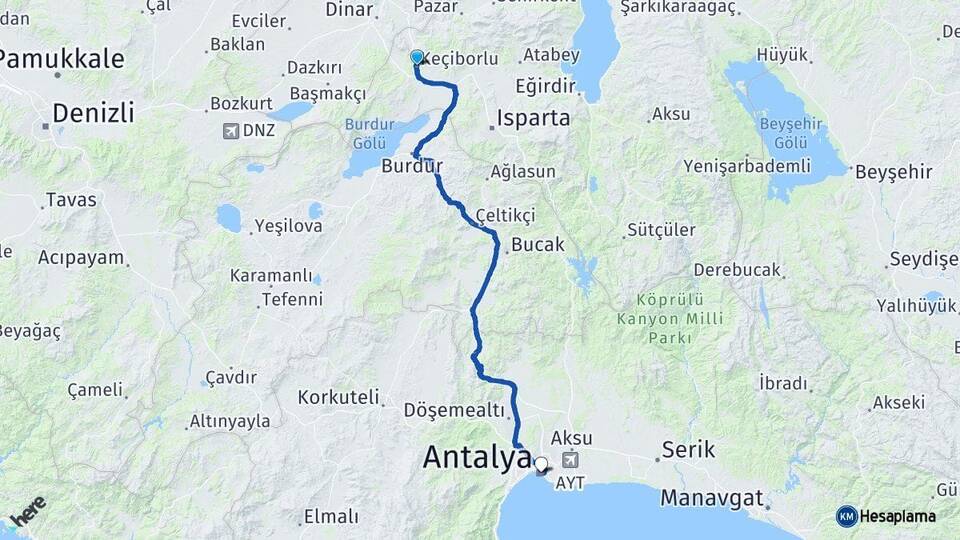 Isparta Keçiborlu Antalya Arası Kaç Km - Yol Haritası