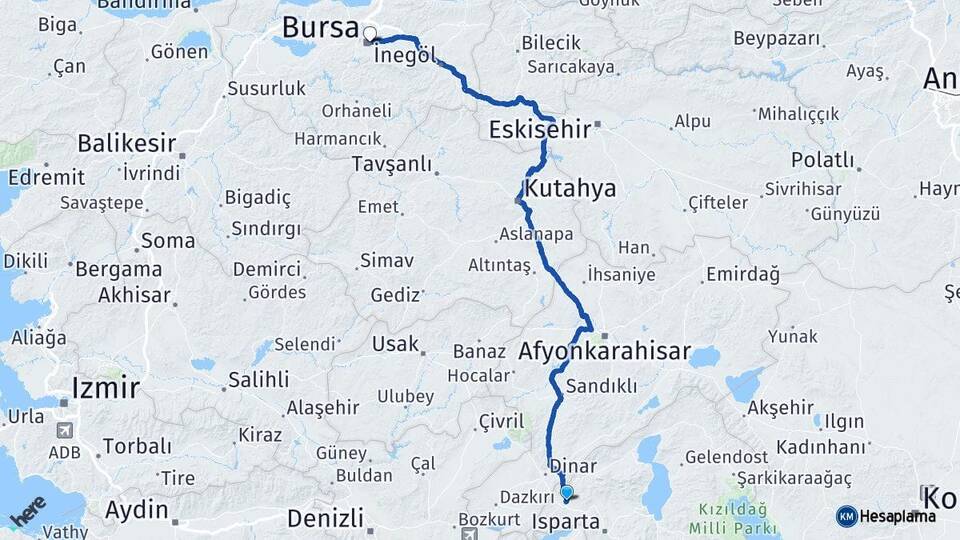 Isparta Keçiborlu Bursa Arası Kaç Km - Yol Haritası