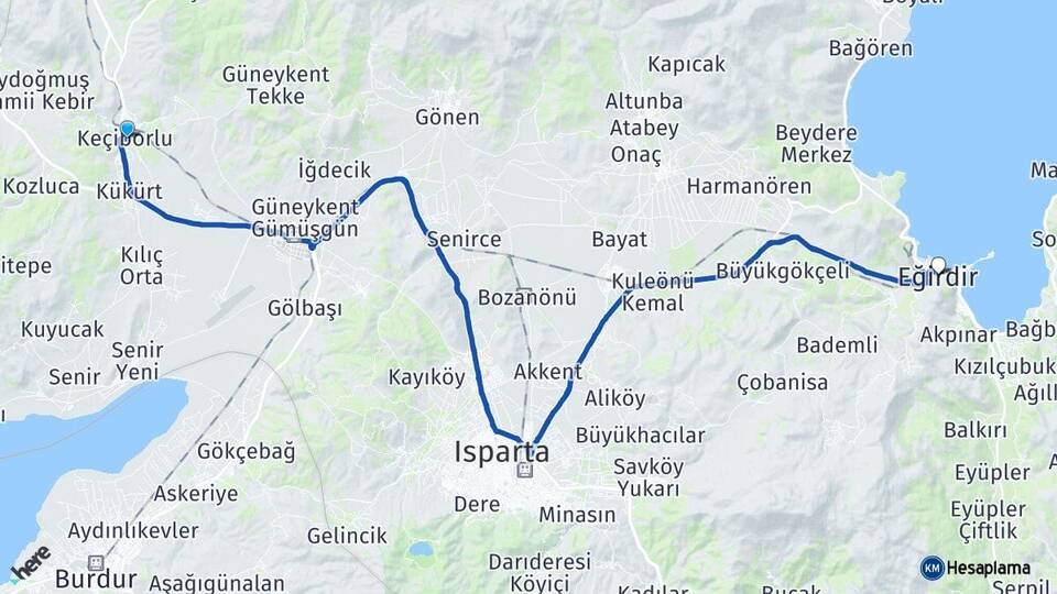 Isparta Keçiborlu Eğirdir Arası Kaç Km - Yol Haritası