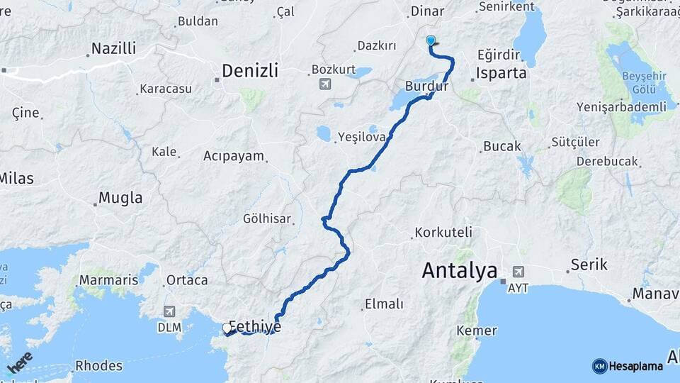 Isparta Keçiborlu Fethiye Muğla Arası Kaç Km - Yol Haritası