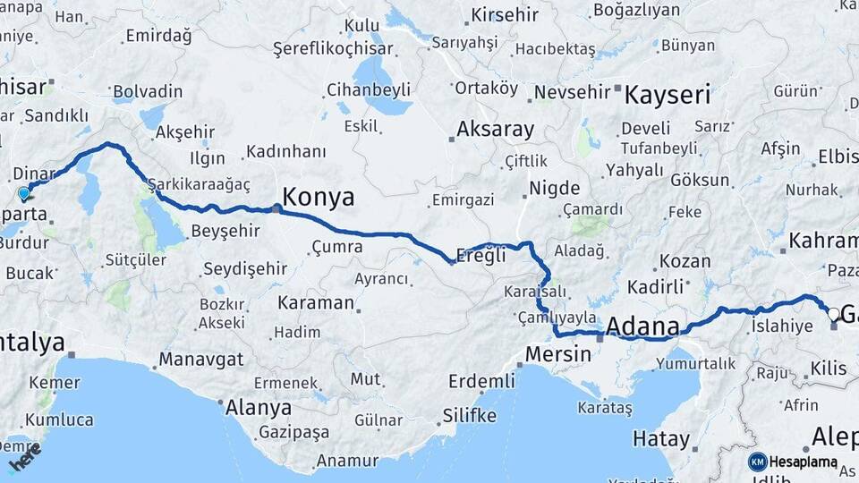 Isparta Keçiborlu Gaziantep Arası Kaç Km - Yol Haritası