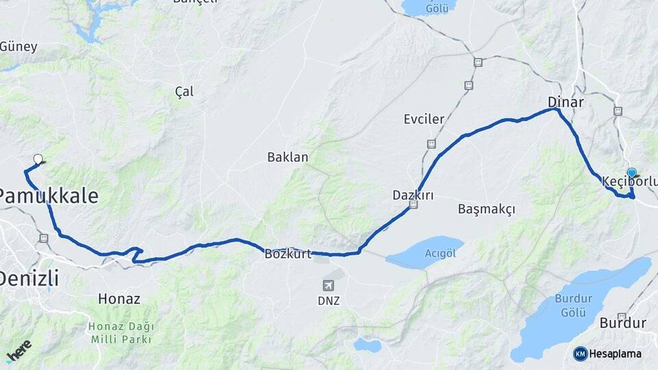Isparta Keçiborlu Karahayıt Pamukkale Denizli Arası Kaç Km - Yol Haritası