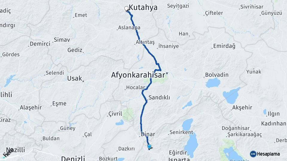 Isparta Keçiborlu Kütahya Arası Kaç Km - Yol Haritası