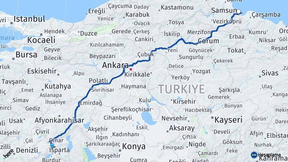 Isparta Keçiborlu Samsun Arası Kaç Km - Yol Haritası