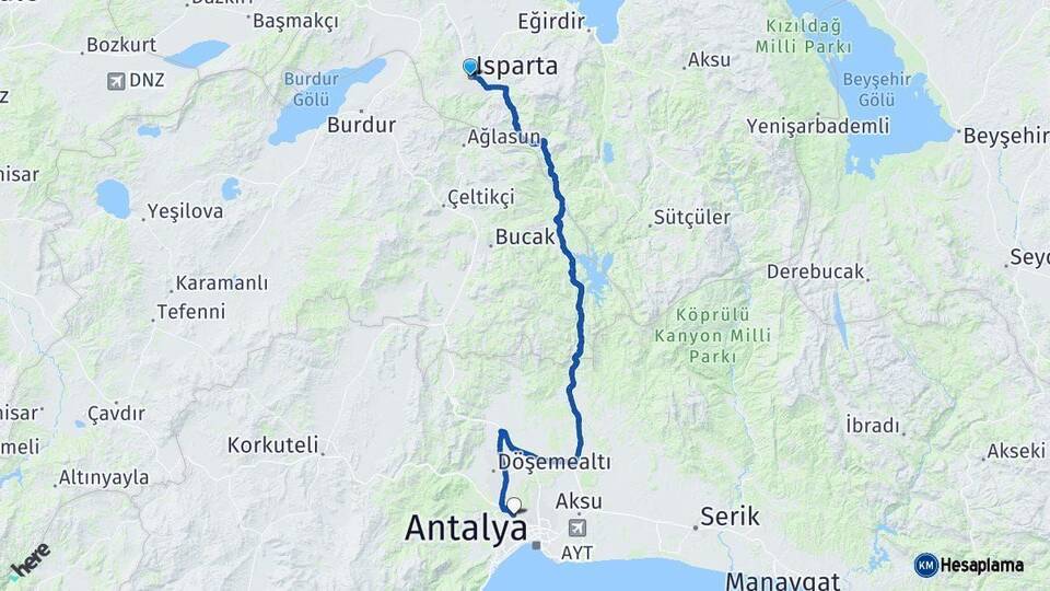 Isparta Kepez Antalya Arası Kaç Km - Yol Haritası