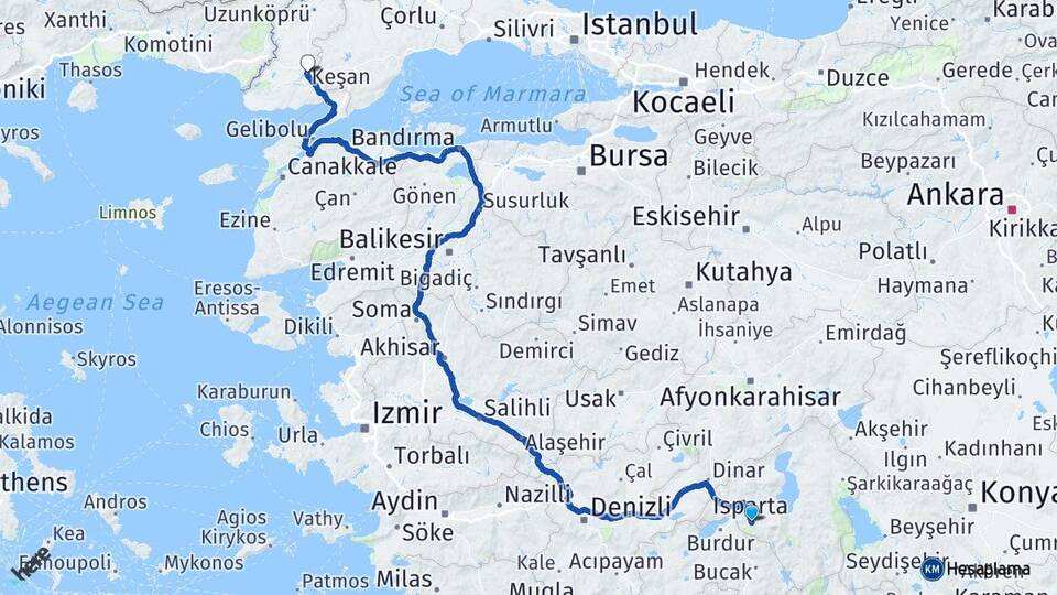 Isparta Keşan Edirne Arası Kaç Km - Yol Haritası