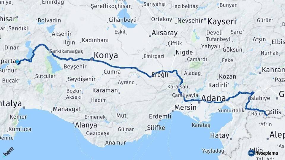 Isparta Kilis Arası Kaç Km - Yol Haritası