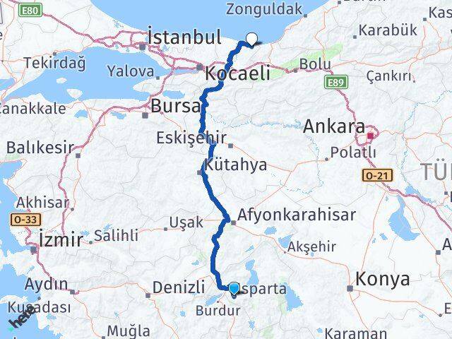 Isparta Kocaali Sakarya Arası Kaç Km - Yol Haritası