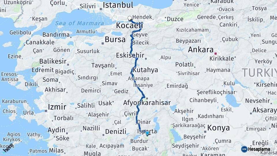Isparta Kocaeli Arası Kaç Km - Yol Haritası